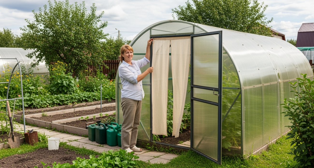 Установила на вход в теплицу занавеску и очень довольна – решила сразу многие проблемы