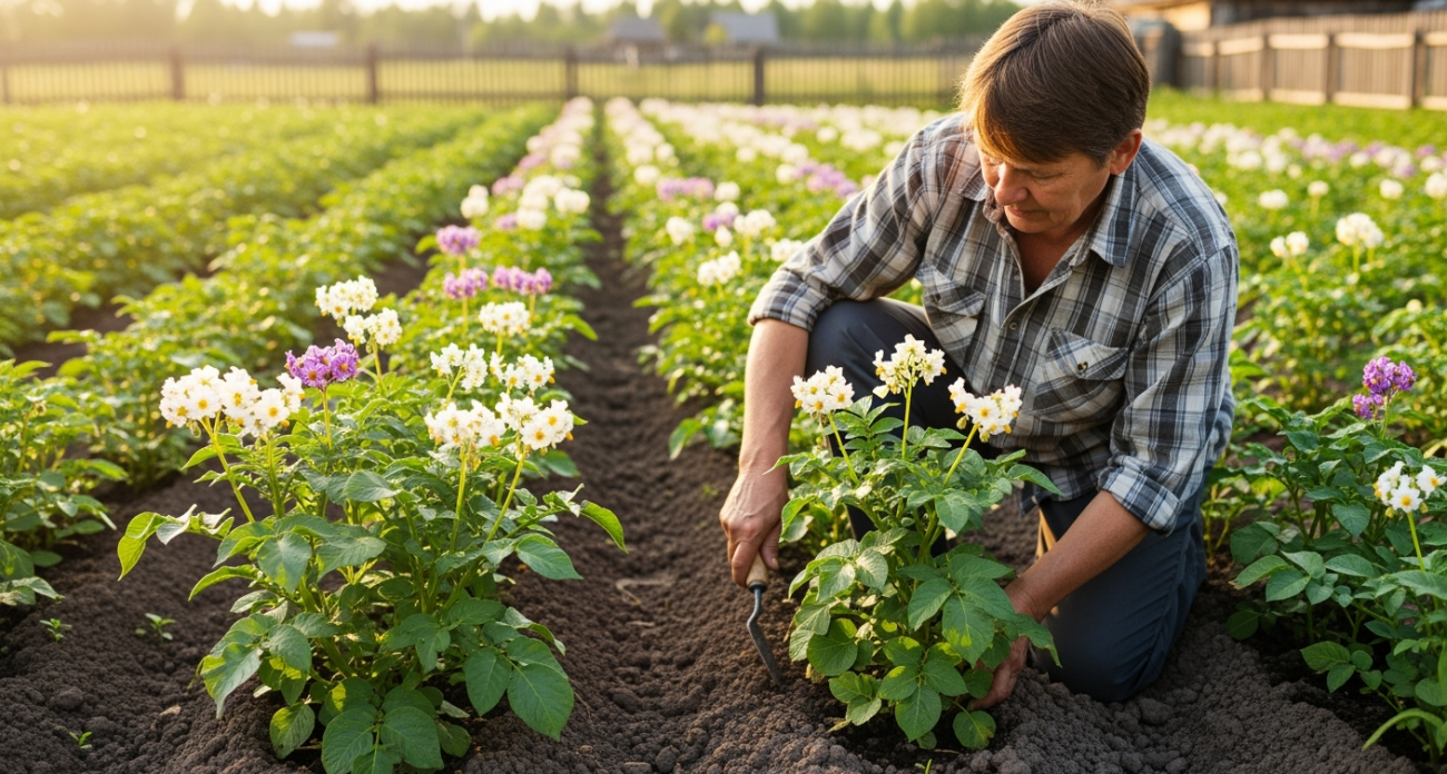 Как только картофель зацвел — тут же подсыпаю под корень: 20 кустов дают урожай на всю зиму
