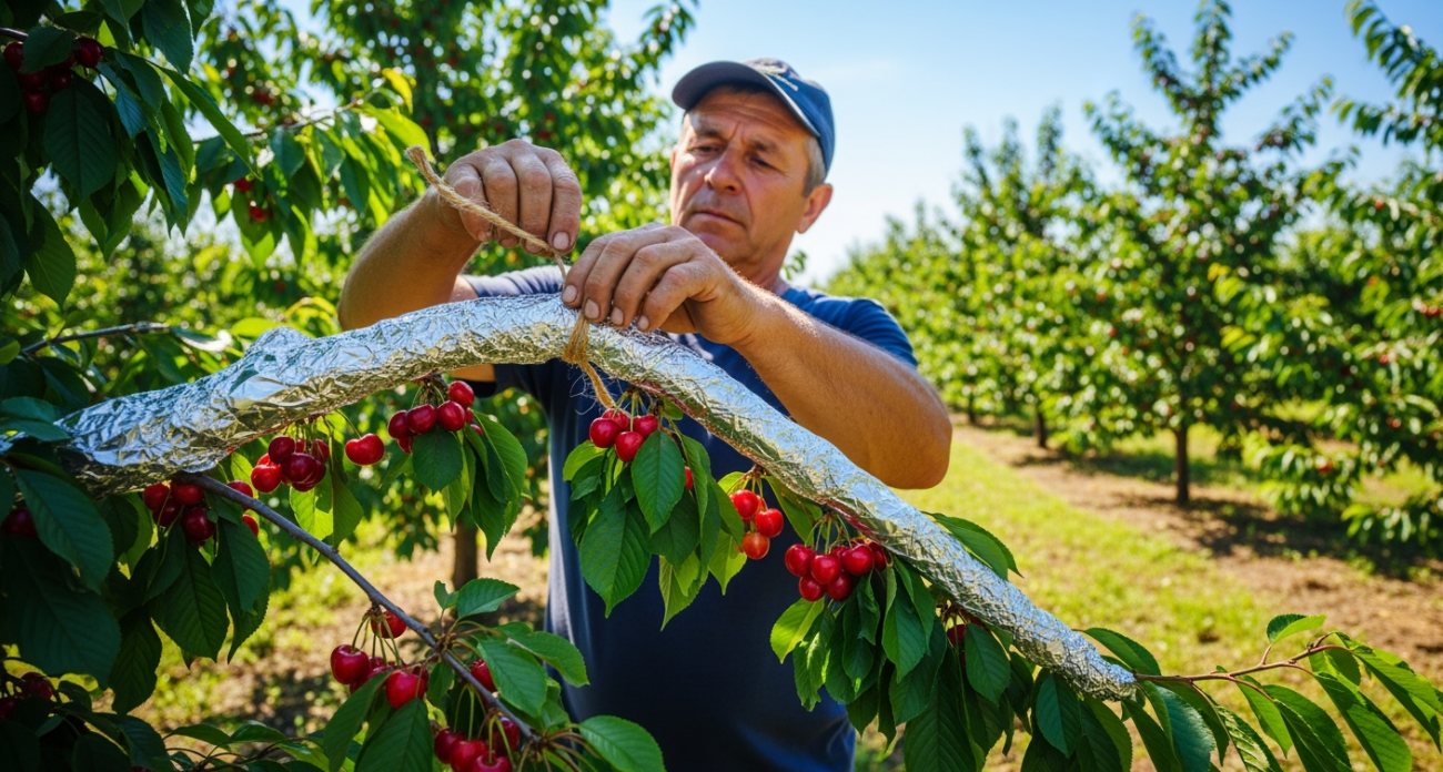 Размещаю фольгу на фруктовых деревьях: и эстетично, и польза огромная