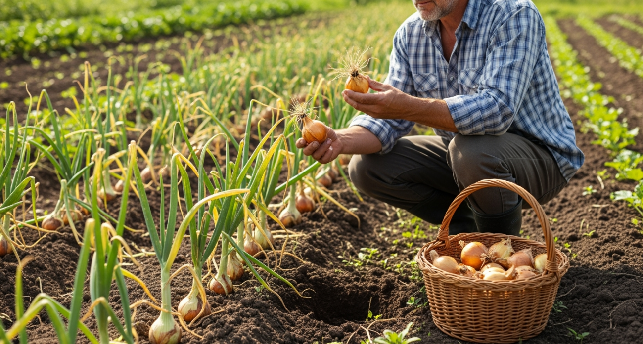 Полного увядания не жду — убираю лук сразу, как замечаю один признак — головки крупнее не станут, а лежкость лучше