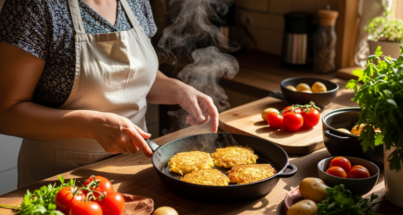 Натираю свежую картошку и на сковороду, сверху добавляю любую начинку, получается очень вкусно, без муки