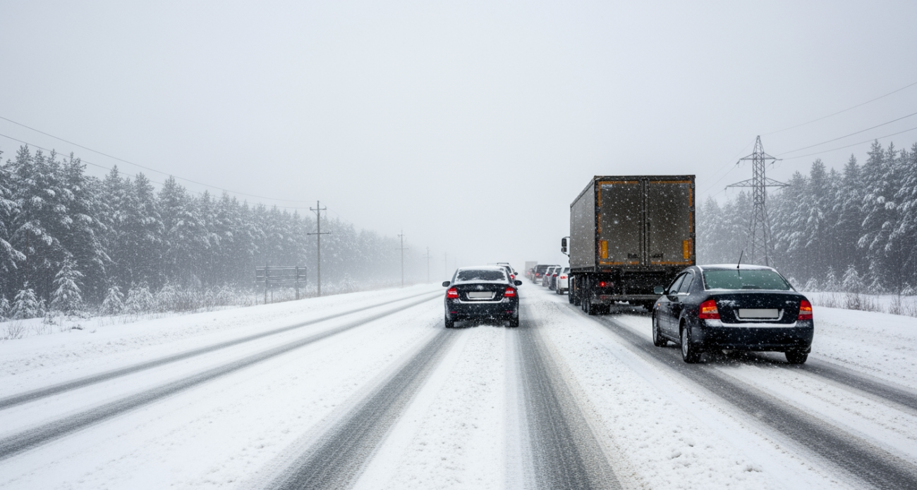«Снежный плен»: 12-километровые пробки парализовали платную М-12 «Восток» с перевернутыми фурами