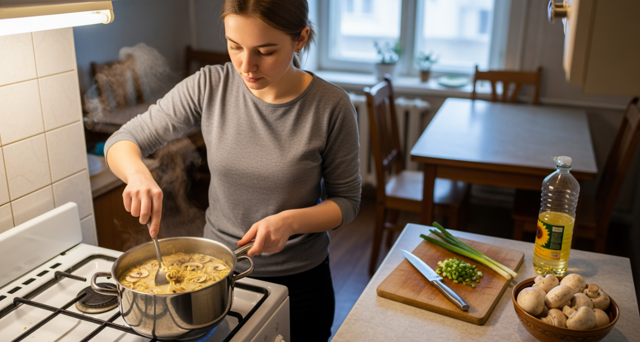 Спасите время на кухне: ароматный грибной суп с яйцом и лапшой для тех, кому некогда возиться с обедом