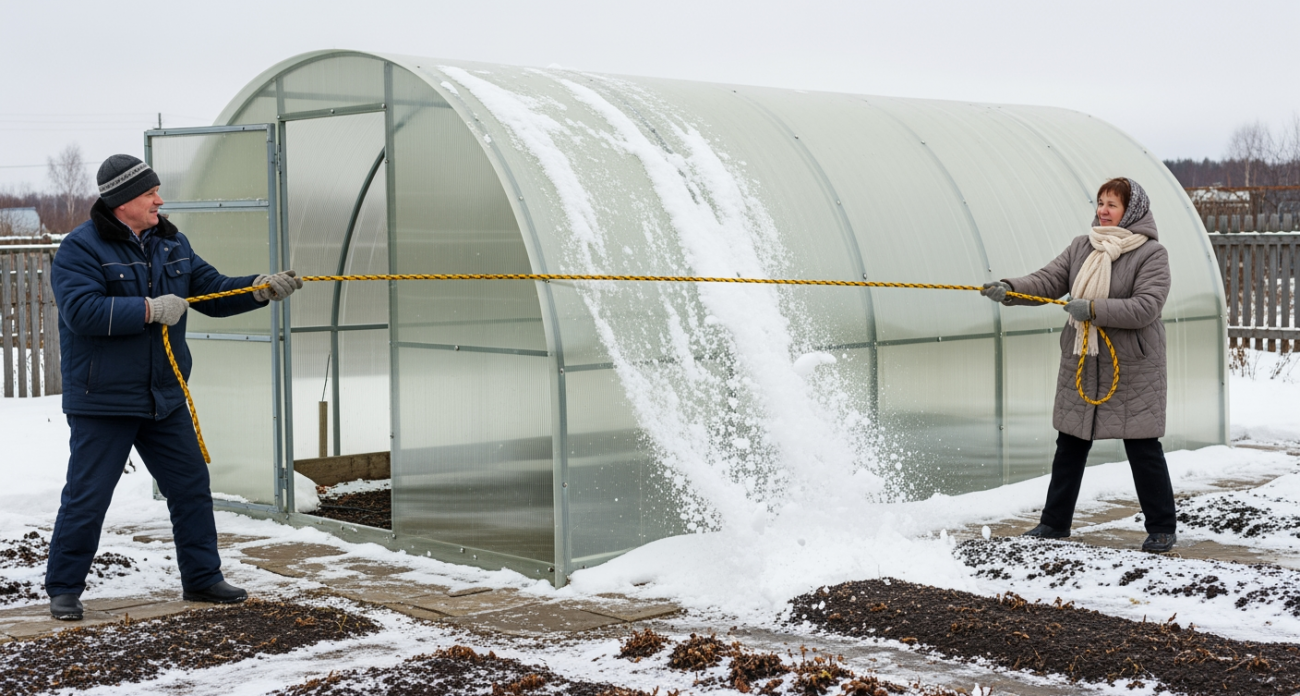 Старый садовод показал, как за полминуты очистить теплицу от снега без единого взмаха лопатой