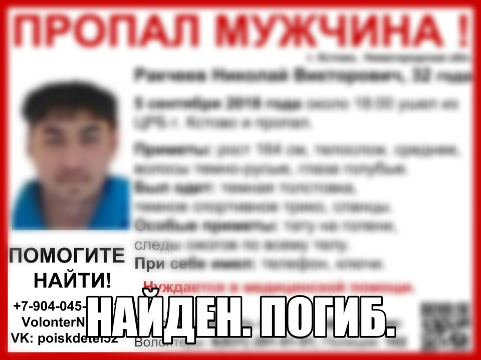 Про­пав­ший 32-летний Ни­ко­лай Рак­че­ев най­ден по­гиб­шим