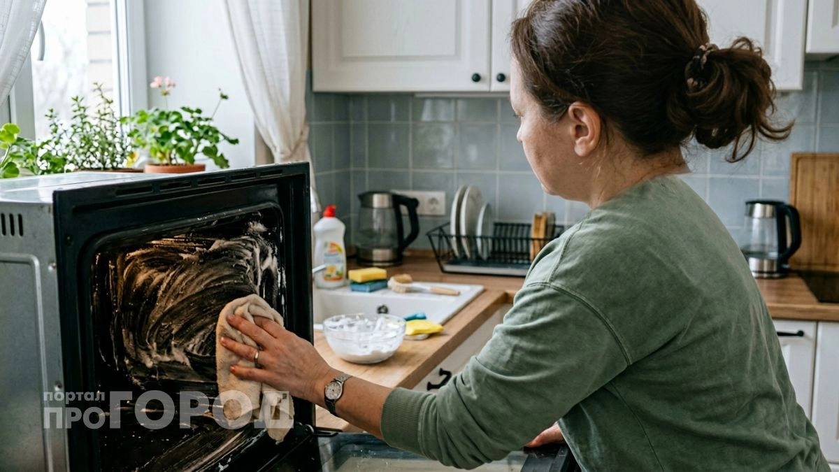 Залила в противень обычную воду с содой и через полчаса просто протёрла — ни жира, ни нагара, духовка как новая